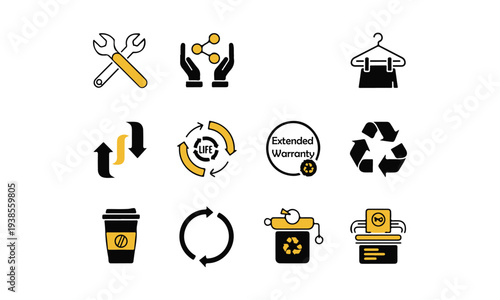 Set of Modern Line Business, Service, and Sustainability Icons with Yellow Accents. Vector Illustration.