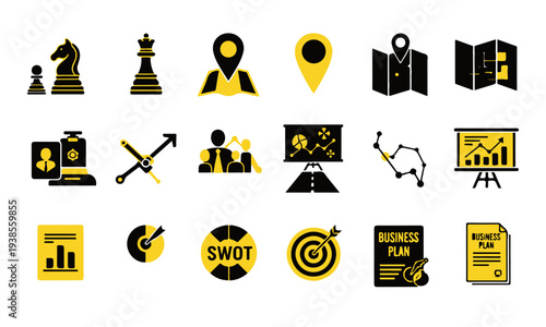 Modern Set of Black and Yellow Business Strategy, Planning, and Analysis Vector Icons Collection