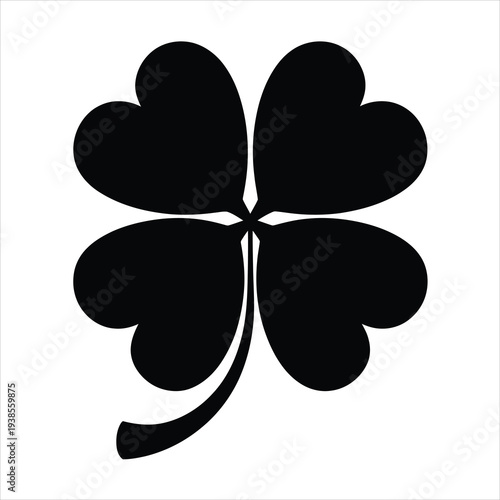 A simple solid black silhouette of a four leaf clover symbolizing good fortune and luck