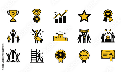 Achievement and Success Vector Icon Set with Gold Element