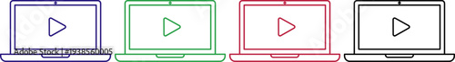 Laptop computers with play button in blue green red black for video online streaming media content