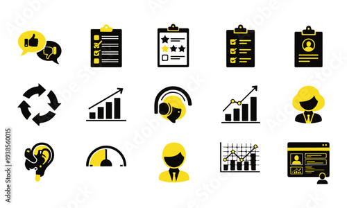 Collection of Black and Yellow Business and Analytics Vector Icons for Feedback and Growth Vector Illustration