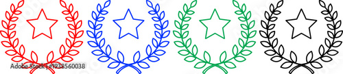 Laurel wreath with star outline in red blue green and black colors isolated on transparent background