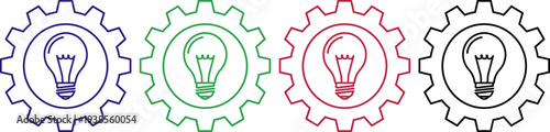 Light bulb inside gear, idea, innovation, blue, green, red and black symbols