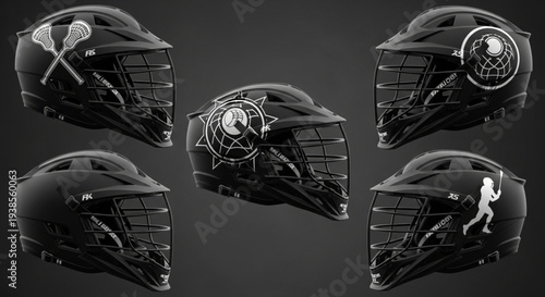 Collection of Black Lacrosse Helmets with Unique Designs.