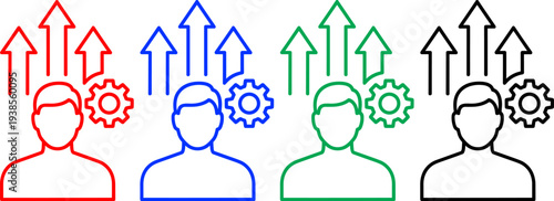 Man with upward arrows and gears icons in red blue green and black isolated on transparent background