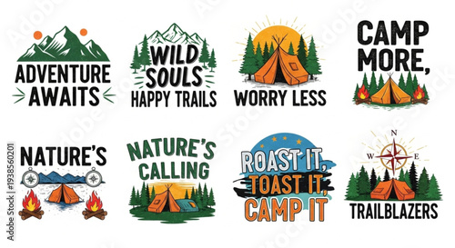 Collection of Camping Themed Graphic Designs with Inspirational Quotes.