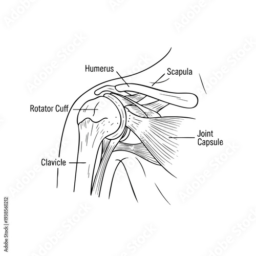 Detailed anatomical illustration of human shoulder anatomy including scapula, humerus, clavicle, rotator cuff, and joint capsule from a lateral viewpoint