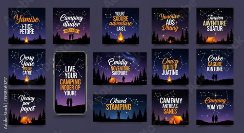 Collection of Camping Themed Social Media Graphics with Inspirational Quotes.