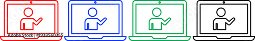 Online learning concept with person on laptop screen in red blue green and black outline