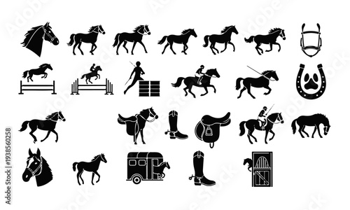 Equestrian Sports and Horse Riding Black Silhouette Vector Icons Set Collection