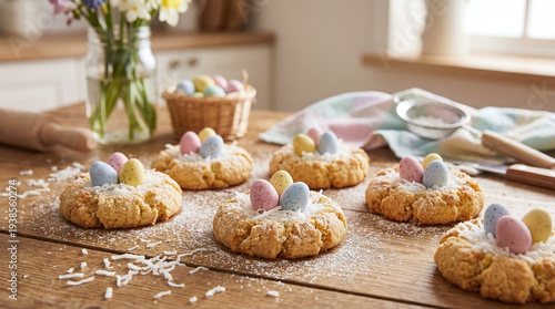 Easter Nest Cookies with Coconut “Straw” and Mini Speckled Eggs on a Rustic Wooden Table