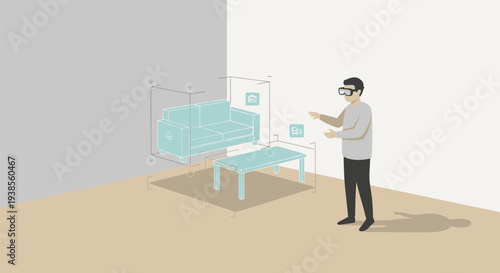 Man using augmented reality to visualize furniture in a room.