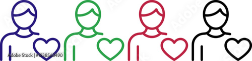 Person icon with heart symbolizing love, care, and individual emotion in different colors for design.