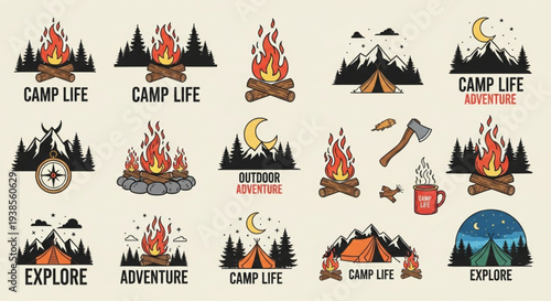 Collection of Camping and Outdoor Adventure Illustrations.