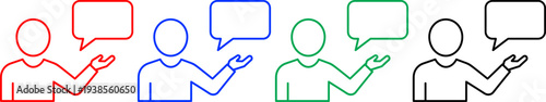 Red blue green and black person talking icons with speech bubbles on transparent background