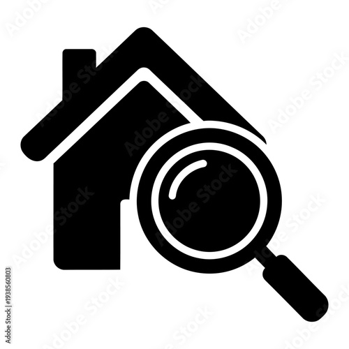 Real estate search icon featuring a house silhouette and magnifying glass