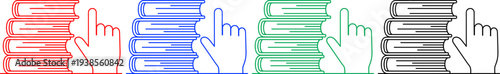 Stack of books with finger pointing icon in red blue green and black education learning concept