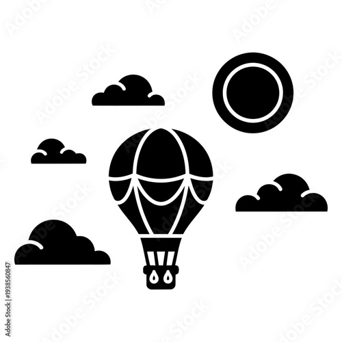 Hot air balloon silhouette icon flying in the sky with clouds and sun vector illustration