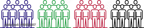 Stylized line art icons of a group of people standing together in unity and teamwork, colorful.
