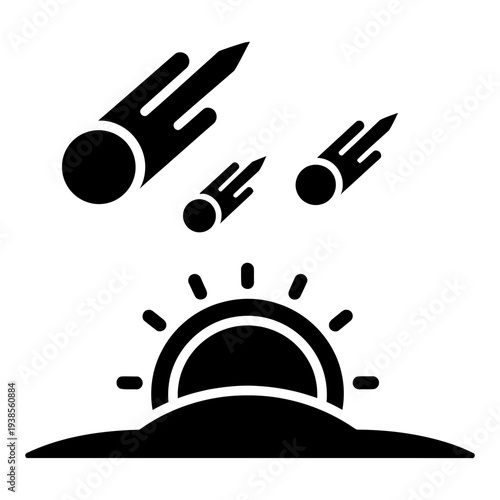 Meteor Shower Icon with Falling Asteroids and Sun Silhouette