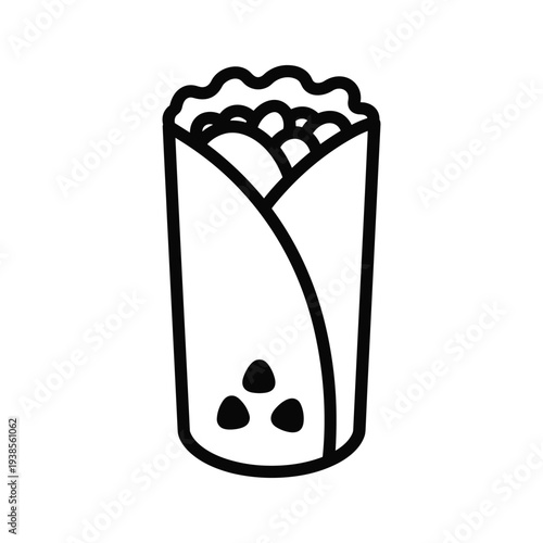Minimalist Black and White Burrito Wrap Illustration, Mexican Food Line Art Icon on White Background