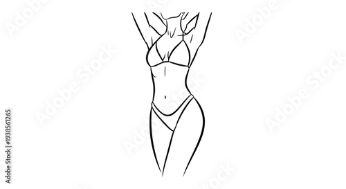 Minimalist line art illustration of a fit woman in a bikini with arms raised, highlighting her toned physique on an isolated white background.