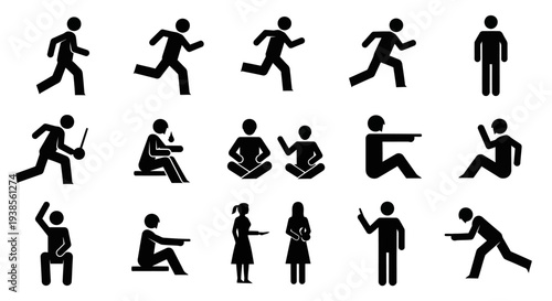 Comprehensive set of diverse stick figure silhouettes showcasing a variety of running, sitting, standing, and interacting poses on an isolated white background.