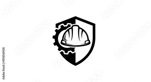 Monochrome logo of a safety helmet, gear cog, and shield, symbolizing industrial safety and engineering protection, isolated white background.