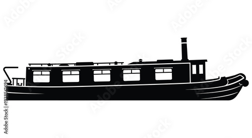 A striking black silhouette of a classic narrowboat with detailed windows and a chimney showcasing elegant design silhouette