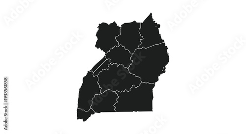 A stark black silhouette depicts the geographical boundaries of the african nation of uganda silhouette high quality professional detailed