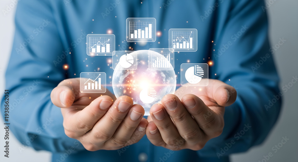 Fototapeta premium Businessman presenting innovative data analysis and growth strategy