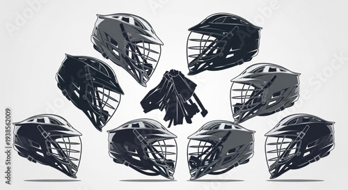 Collection of Black Lacrosse Helmets and Gear.