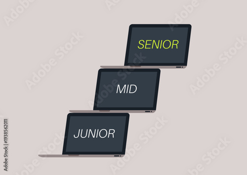 Laptops are stacked to form a unique corporate ladder, highlighting different job levels labeled from junior to senior in a contemporary office setting.