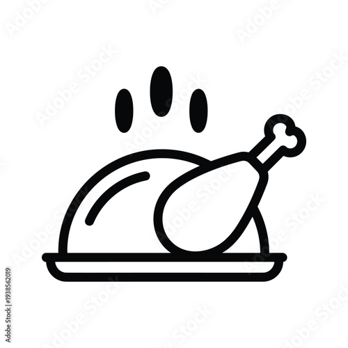 Roasted Chicken Icon - Minimalist Line Art of Cooked Poultry on Platter with Steam