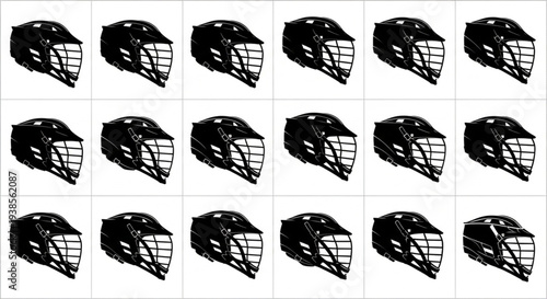 Collection of Black Hockey Helmets Displayed in Grid Pattern.