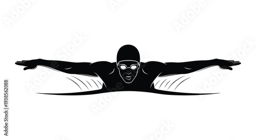 A dynamic black silhouette depicts a swimmer in the butterfly stroke showcasing power and athleticism silhouette high quality professional