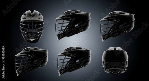 Collection of Black Hockey Goalie Masks Displayed from Multiple Angles.