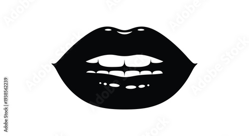 A striking black silhouette depicts a pair of full sensuous lips with visible teeth a bold graphic element silhouette
