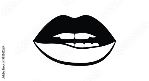 A striking graphic of seductive lips partially open with a bold black and white contrast silhouette high quality professional