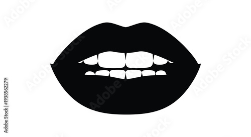 A striking black silhouette depicts a pair of full lips with visible teeth presenting a bold aesthetic silhouette