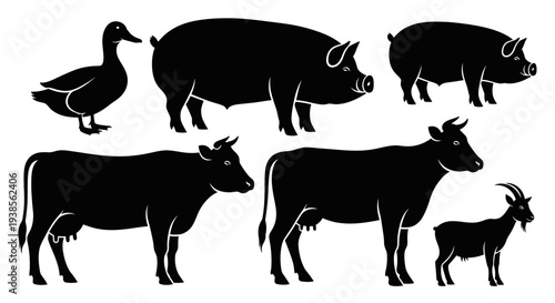 Farm Animals Silhouettes Collection. Domestic livestock vector icons set.
