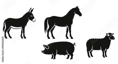 Farm Animals Silhouettes: Donkey, Horse, Pig, and Sheep Icons