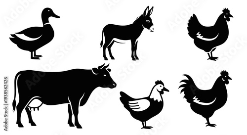 Farm Animals Silhouettes Set - Duck, Donkey, Cow, Hen, and Rooster Collection