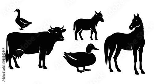 Farm Animals Silhouettes Set: Cow, Horses, Duck, and Goose