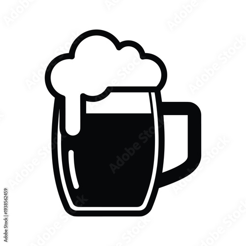 Beer Mug Silhouette Vector Icon, Stylized Black and White Glass Stein with Foam Graphic