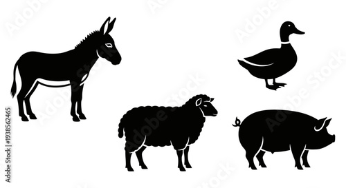 Farm Animals Silhouettes Set: Donkey, Duck, Sheep, and Pig Outlines