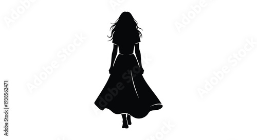 A striking black silhouette depicts a woman with long flowing hair wearing a full length dress silhouette high quality professional