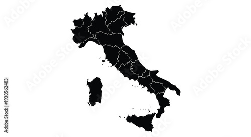 A stark black outline depicts the geographical shape of italy showcasing its regions and islands silhouette high quality professional