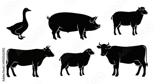 Farm Animals Silhouettes Set: Goose, Pig, Sheep, and Cow Livestock Icons